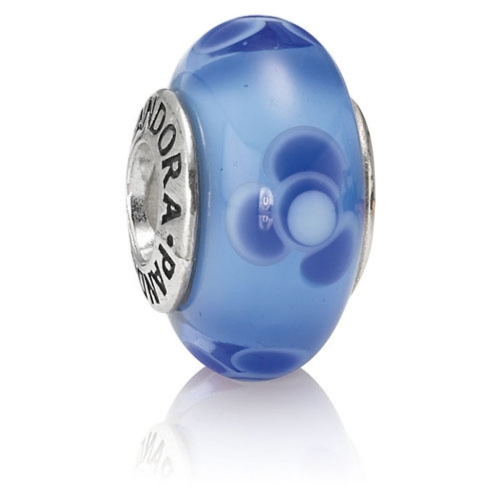 Authentic Pandora Retired Blue Flowers Murano Glass Bead 925